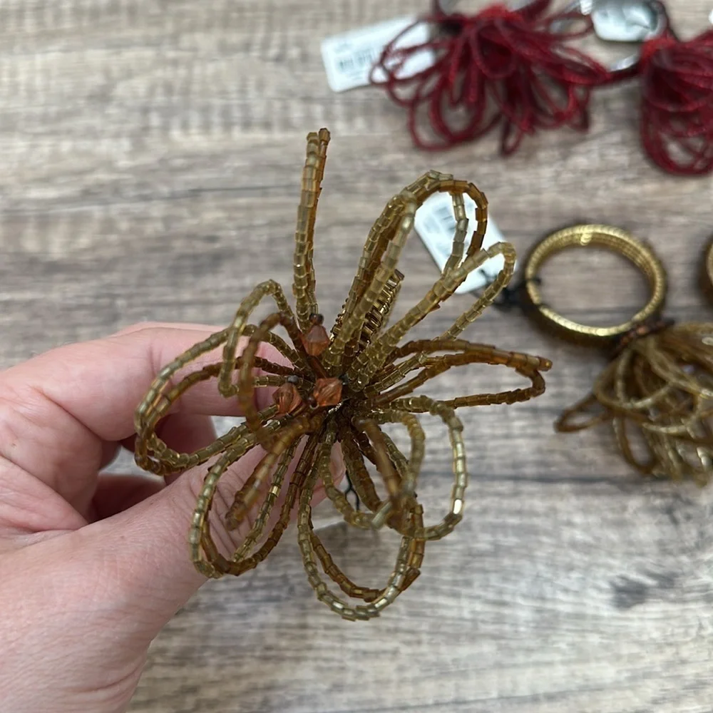 NWT 8 Pier 1 Napkin Rings Floral Beaded Jeweled Christmas Red Gold